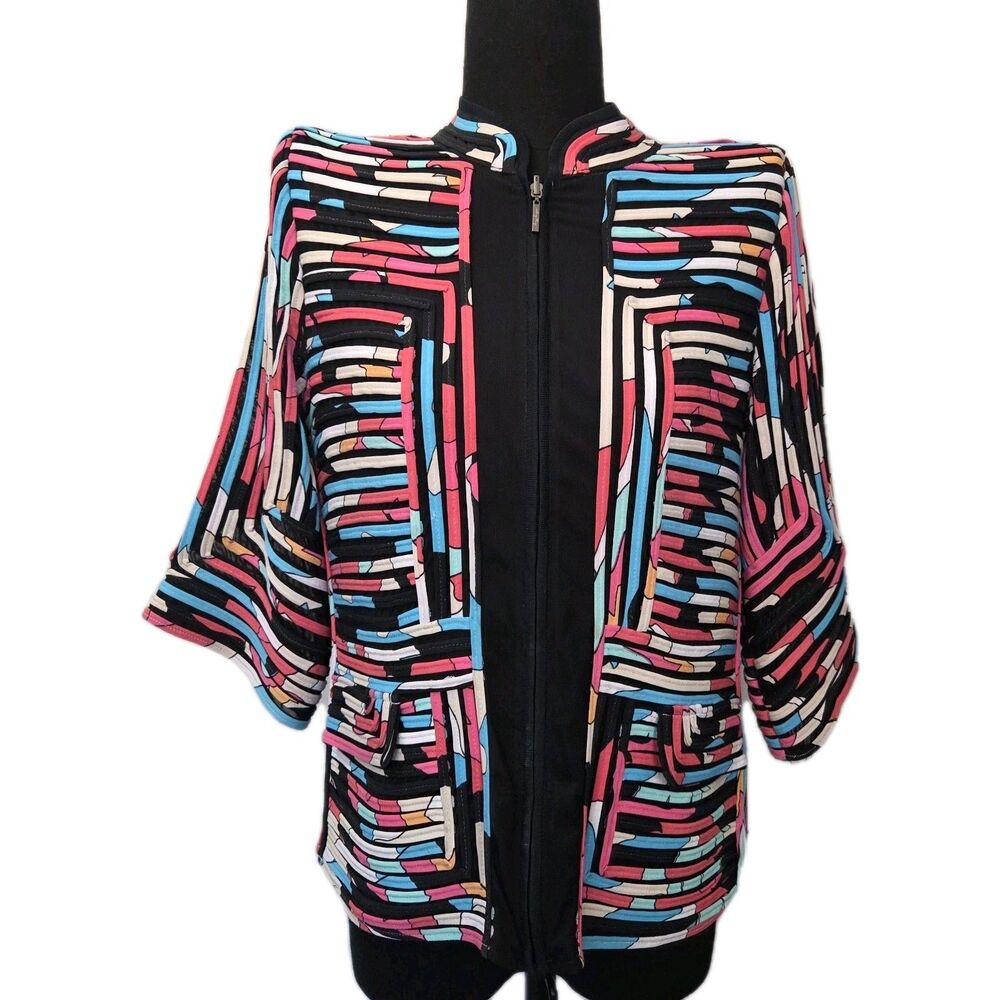 Ming Wang Small Pink Black Artistic Cardigan Jacket Sweater Zip Up Wearable Art